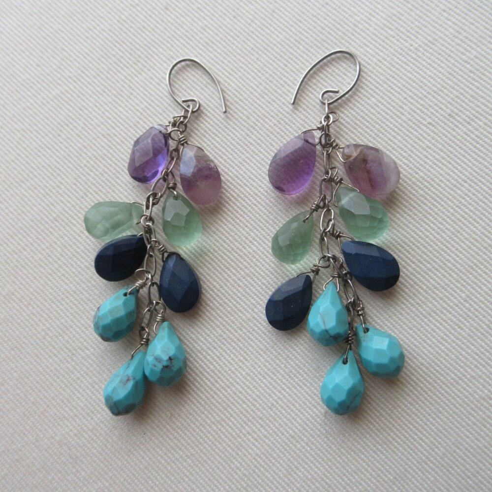 Multi Gemstone Dangle Drop Earrings, Amethyst Per… - image 1